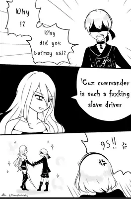 Black-and-white comic panel featuring 2B from NieR: Automata, a blindfolded android with short white hair, confronting another character in a dramatic dialogue scene.