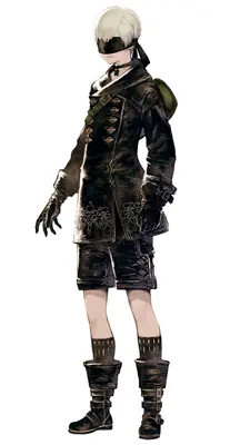 Fan art of 2B (YoRHa No.2 Type B) from NieR: Automata, depicted in a gothic-lolita style outfit with a blindfold and combat boots.