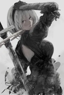A black-and-white digital illustration of 2B from NieR: Automata, depicted in a dramatic pose with her sword and blindfold.