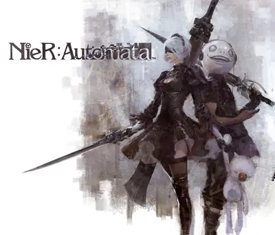 Fan art of 2B (YoRHa No.2 Type B) from NieR: Automata, depicted in a black gothic-lolita dress with a blindfold and sword, standing beside a smiling robot companion.