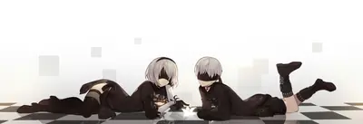 Fan art of 2B and 9S from NieR: Automata lying on a checkered floor, both wearing black outfits with blindfolds.