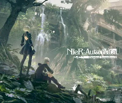 2B (YoRHa No.2 Type B) from NieR: Automata stands in a lush, overgrown forest with waterfalls and ruins, wearing her signature black dress and blindfold.