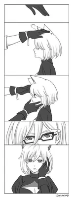 Black-and-white fan art of 2B from NieR: Automata being gently touched on the head and face by gloved hands, with her blindfold removed to reveal glasses and cat-like ears.