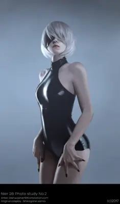 A digital illustration of 2B from NieR: Automata wearing a black latex-like bodysuit and a blindfold, with silver hair and a dramatic pose.