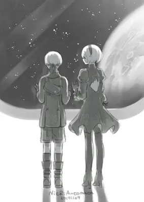 2B and 9S from NieR: Automata depicted in a monochrome digital illustration, standing back-to-back under a starry sky with a large celestial body in the background.