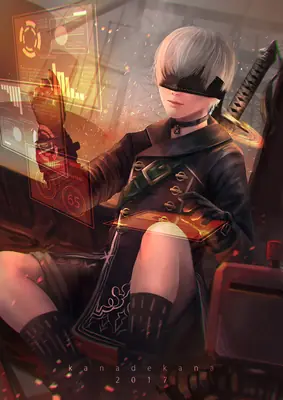 2B (YoRHa No.2 Type B) from NieR: Automata, depicted in a digital illustration with a blindfold and futuristic interface.