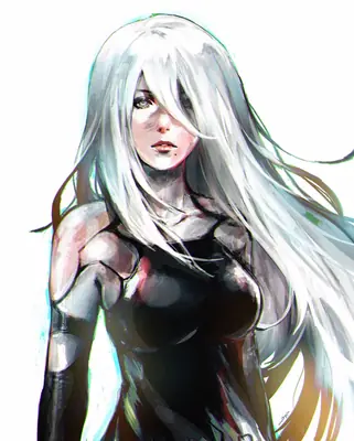 Digital illustration of 2B (YoRHa No.2 Type B) from NieR: Automata with long white hair and a black dress.