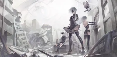 Fan art of 2B (YoRHa No.2 Type B) from NieR: Automata standing in a desolate, ruined urban landscape with debris and collapsed structures.