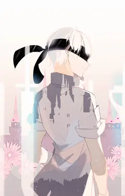 2B (YoRHa No.2 Type B) from NieR: Automata depicted in a gothic-lolita style with a blindfold and white hair, standing against a dreamy cityscape background.