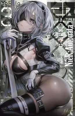 Fan art of 2B (YoRHa No.2 Type B) from NieR: Automata, depicted in a gothic-lolita style with a blindfold and combat outfit.