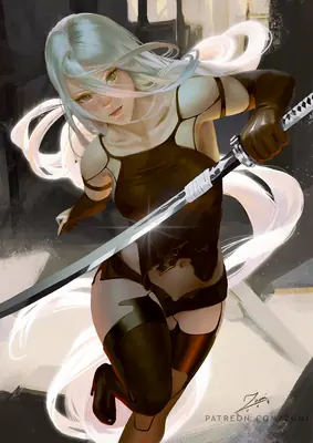 Fan art of 2B (YoRHa No.2 Type B) from NieR: Automata holding a sword in a dynamic pose.