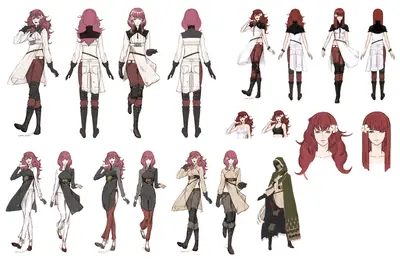 Concept art of 2B (YoRHa No.2 Type B) from NieR: Automata showing multiple outfit variations and poses.