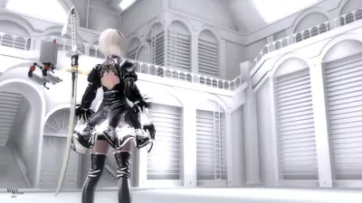 2B (YoRHa No.2 Type B) from NieR: Automata stands in a white, gothic architectural space holding a sword.