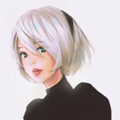 Digital illustration of 2B (YoRHa No.2 Type B) from NieR: Automata with short white hair and a black top.