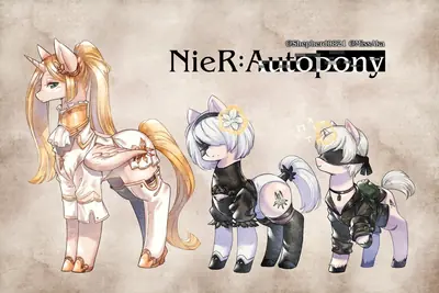 Fan art depicting 2B (YoRHa No.2 Type B) from NieR: Automata as a chibi pony character with a blindfold and gothic-lolita outfit.
