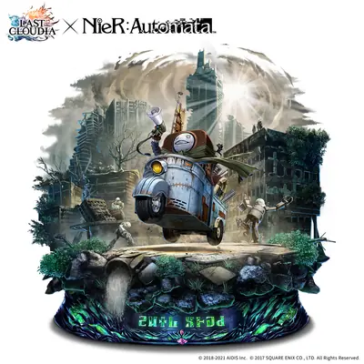 A digital illustration of 2B (YoRHa No.2 Type B) from NieR: Automata standing in a post-apocalyptic urban landscape with ruined buildings and a large vehicle.
