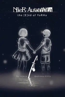 Fan art depicting 2B (YoRHa No.2 Type B) and 9S from NieR: Automata holding hands under a starry night sky.