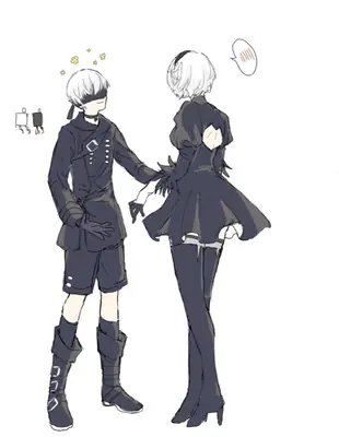 Fan art illustration of 2B and 9S from NieR: Automata, showing the characters in their signature YoRHa outfits with blindfolds.