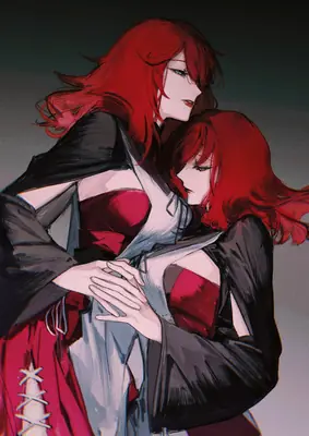 Fan art of 2B (YoRHa No.2 Type B) from NieR: Automata depicted in a gothic-lolita style with red hair and black-and-red attire.