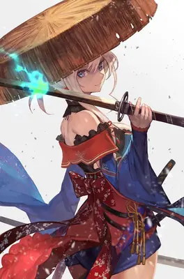 Fan art of 2B (YoRHa No.2 Type B) from NieR: Automata wearing a traditional Japanese outfit and holding a glowing sword under a large straw umbrella.