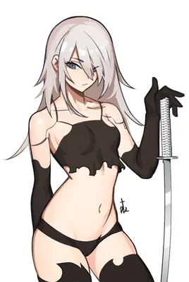 Fan art of 2B (YoRHa No.2 Type B) from NieR: Automata, depicted with silver hair and a black dress, holding a sword.