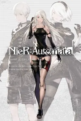 Fan art illustration of 2B (YoRHa No.2 Type B) from NieR: Automata, depicted in a gothic-lolita inspired black dress with asymmetrical thigh-high stockings, standing against monochrome overlays of other characters.