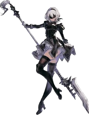 Fan art of 2B (YoRHa No.2 Type B) from NieR: Automata, depicted in a dynamic combat stance with dual swords.