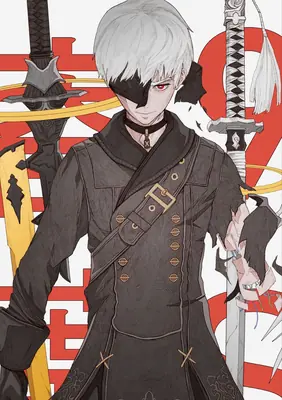 Fan art of 2B (YoRHa No.2 Type B) from NieR: Automata wearing a gothic-lolita style outfit with a blindfold and swords in the background.