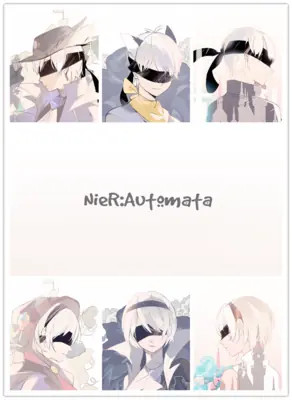 A collage of fan art depicting 2B (YoRHa No.2 Type B) from NieR: Automata, showcasing various artistic interpretations with a blindfold and white hair.