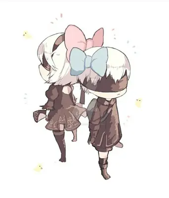 Chibi-style fan art of 2B and 9S from NieR: Automata, featuring their iconic blindfolds and large bows.