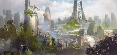 A digital illustration of a post-apocalyptic cityscape from NieR: Automata, featuring overgrown ruins and futuristic architecture.