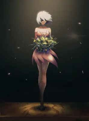 2B (YoRHa No.2 Type B) from NieR: Automata stands in a gothic-lolita outfit holding flowers, wearing her signature blindfold.