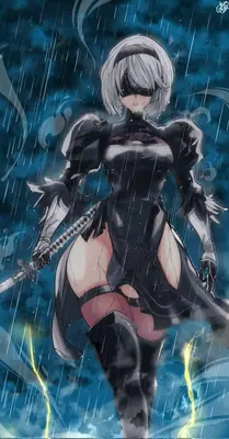 Digital illustration of 2B (YoRHa No.2 Type B) from NieR: Automata standing in the rain with a sword, wearing her signature black dress and blindfold.