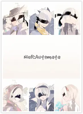 A collage of fan art illustrations featuring 2B from NieR: Automata, showcasing various poses and outfits with her signature blindfold.