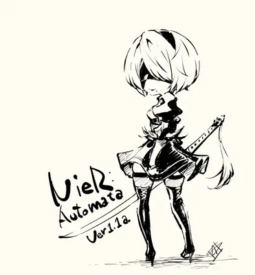A black-and-white sketch of 2B from NieR: Automata, featuring her signature blindfold and gothic-lolita outfit.