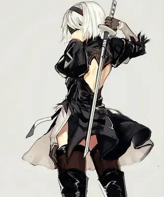 Fan art of 2B (YoRHa No.2 Type B) from NieR: Automata, depicted in a black gothic-lolita outfit with a blindfold and sword.