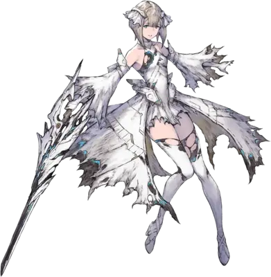 2B (YoRHa No.2 Type B) from NieR: Automata depicted in a white gothic-lolita style dress with a blindfold and sword.