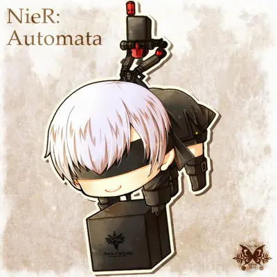 Chibi-style illustration of 2B (YoRHa No.2 Type B) from NieR: Automata, depicted with a blindfold and holding a sword.