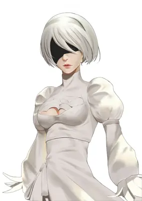 Fan art of 2B (YoRHa No.2 Type B) from NieR: Automata wearing a white gothic-lolita dress and blindfold.