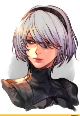 Digital illustration of 2B from NieR: Automata with white hair and a black high-collared outfit.