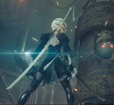 2B (YoRHa No.2 Type B) from NieR: Automata stands in a combat pose with a long sword, wearing a black dress and blindfold, facing a large mechanical enemy in a post-apocalyptic setting.