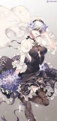 Fan art of 2B (YoRHa No.2 Type B) from NieR: Automata wearing a black and white gothic-lolita dress with a blindfold and holding purple flowers.