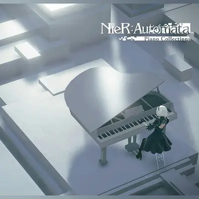 2B (YoRHa No.2 Type B) from NieR: Automata playing a grand piano in a minimalist white environment.
