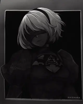 A black and white digital illustration of 2B from NieR: Automata, featuring her signature blindfold and YoRHa uniform.