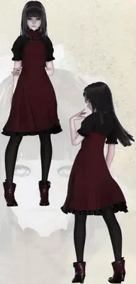 Fan art of 2B (YoRHa No.2 Type B) from NieR: Automata wearing a red gothic-lolita dress and black boots.
