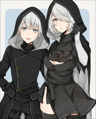 Fan art of 2B and 9S from NieR: Automata wearing black hooded outfits with silver hair and blue eyes.