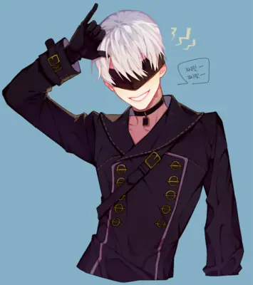 Fan art of 2B (YoRHa No.2 Type B) from NieR: Automata, depicted with white hair and a black blindfold, wearing a dark gothic-lolita outfit.