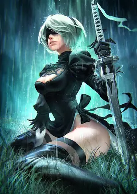 2B (YoRHa No.2 Type B) from NieR: Automata stands in a rain-soaked field, holding a sword with her signature blindfold and black dress.