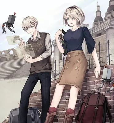 Fan art of 2B (YoRHa No.2 Type B) and 9S from NieR: Automata standing amidst a ruined urban landscape with scattered robots.