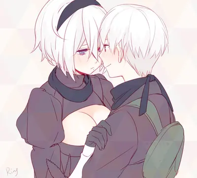 Fan art of 2B (YoRHa No.2 Type B) from NieR: Automata embracing 9S, both with white hair and dark clothing.